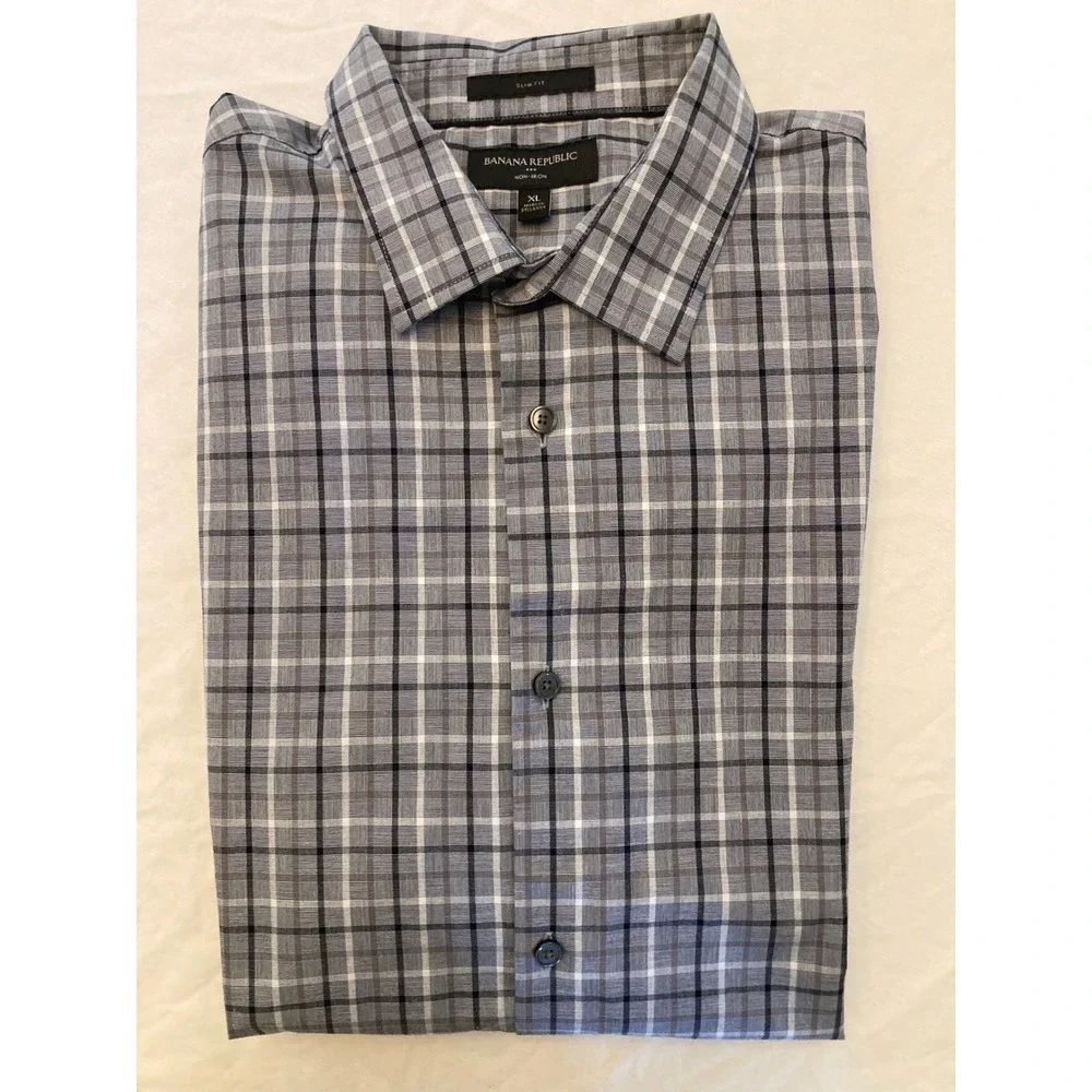 Banana Republic Mens XL Slim Fit Non-Iron Plaid Button Down Shirt Blue Grey